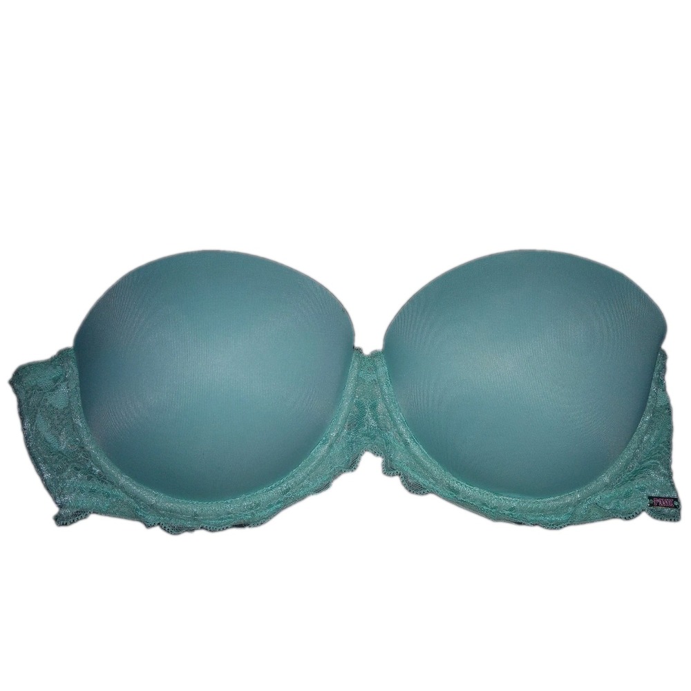 PINK Victoria's Secret Bra Sz 34B Women's Teal Lace Strapless Push Up Underwire